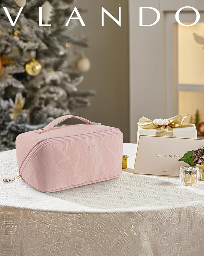 VLANDO Makeup Bag,Travel Toiletry Bag,Cosmetic Bag for Women PU Leather Portable Make up Bag for Skincare, Brushes & Travel Essentials-Sand Pink