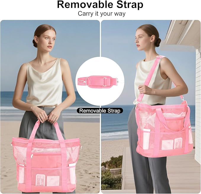 Mesh Beach Bags for Women - Family Beach Tote Bag for Toys, Towels, Travel Vacation Cruise Essentials