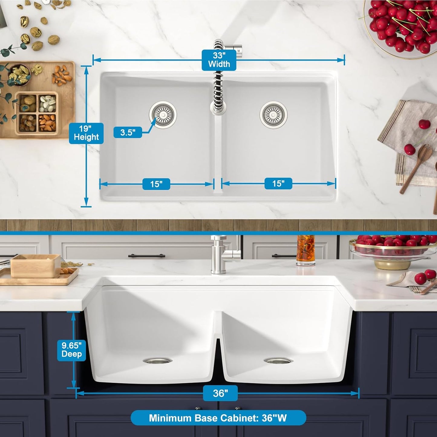 33 Inch Undermount White Granite Composite Kitchen Sink Under Counter Quartz Single Bowl Sink Workstation Sinks with Accessories Quick Drain Noise Reduction Home Renovation Classic Style
