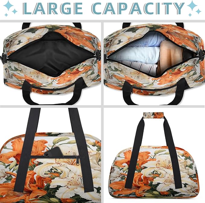 Travel Duffle Bag, Orange White Flowers Waterproof Weekender Overnight Bags for Women Men Lightweight Carry on Duffle Gym Bag for Travel, Sports, Fitness, Workout