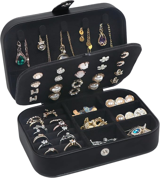 Travel Jewelry Box,Upgraded Travel Jewelry Case,Portable Jewelry Boxes for Women,PU Leather Jewelry Box,Travel Jewelry Organizer for Necklaces,Rings,Earrings,Bracelets,Black