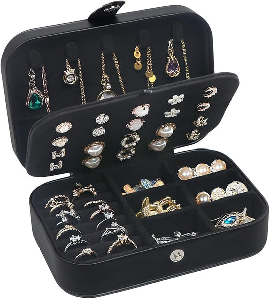 Travel Jewelry Box,Upgraded Travel Jewelry Case,Portable Jewelry Boxes for Women,PU Leather Jewelry Box,Travel Jewelry Organizer for Necklaces,Rings,Earrings,Bracelets,Black