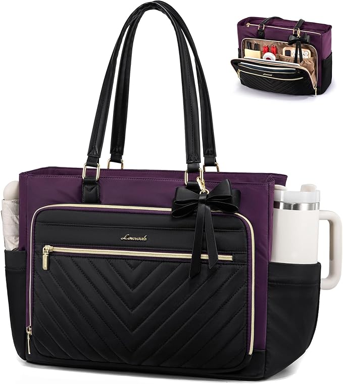 LOVEVOOK Tote Bag, Laptop Bag for Women with Large Cup Holder, Work Teacher Tote Bag with Large Cup Holder, Nurse Diaper Bag for Travel, Women's Handbags for Teacher gift, Black-Purple, 15.6 Inch