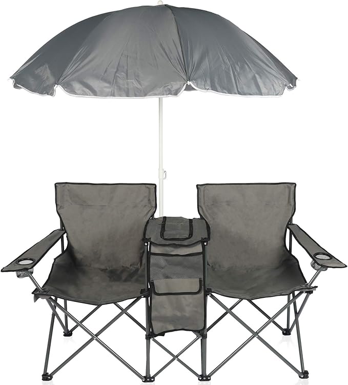 YILI Double Folding Camping Chairs, Portable Camping Chairs w/Removable Umbrella Mini Table Cooler Bag, Outdoor Picnic Double Folding loveseat Camp Chairs for Beach Patio Pool Park (Grey)