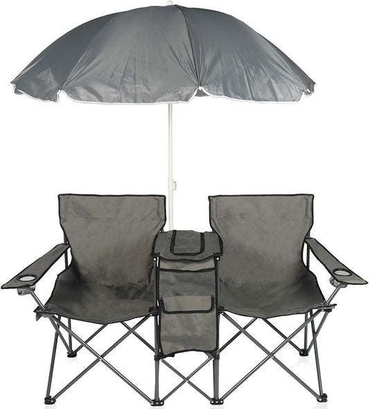 YILI Double Folding Camping Chairs, Portable Camping Chairs w/Removable Umbrella Mini Table Cooler Bag, Outdoor Picnic Double Folding loveseat Camp Chairs for Beach Patio Pool Park (Grey)