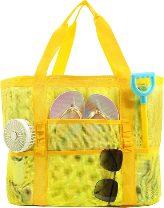 Large Mesh Beach Tote Bag, 9-Pocket Foldable Summer Vacation Beach Bag for Travel, Pool, Gym, Cruise