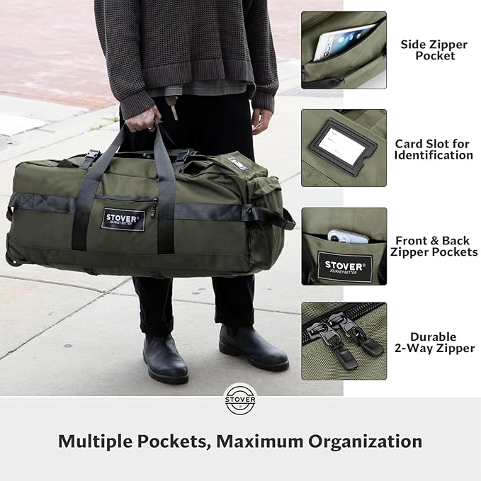 STOVER 80L Rolling Duffel Bag with Wheels, Large Durable Travel Duffle + Toiletry Bag, Heavy Duty, Packable, Foldable with Shoulder Straps- Use as Luggage or Backpack, Men/Women (Green)