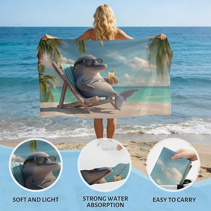 SARA NELL Dolphin Beach Towel, Cute Dolphin with Sunglasses and Drink Print, Summer Pool Beach Towel for Ocean Vacation, Quick Dry Lightweight, 32"x52"