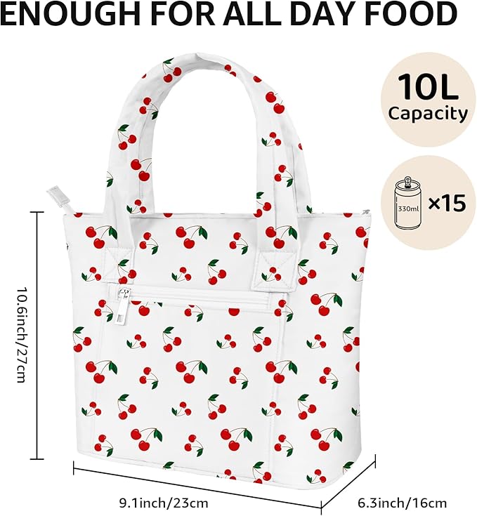 Tote Lunch Bag Women Stylish Quilted Lunch Boxes for Adult Fit and Fresh Cooler Insulated Lunchbox for Work Large 10 Liters Cute Compact Lunchbag Waterproof Cherry