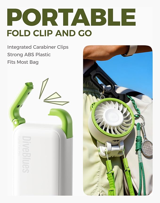 Diveblues Portable Turbo Fan, 7.4m/s High Speed Handheld Fan, 180° Foldable 4-in-1 Personal Neck Fan with Carabiner Clip, 100 Speed Stepless Control, USB-C Rechargeable for Travel, Makeup Hot Flashes