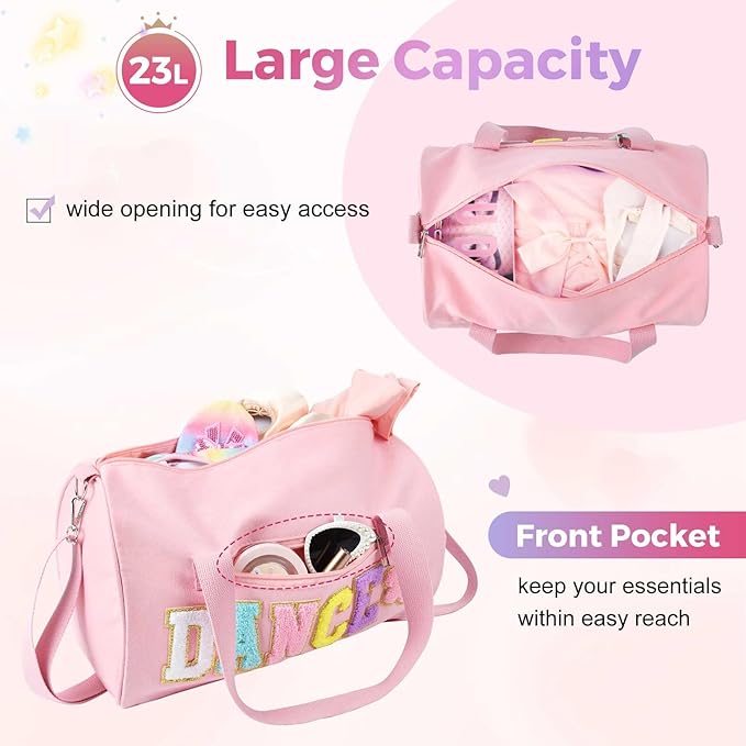 Dance Bag for Girls, KUIRAN 23L Travel Duffel Bag with Colorful Chenille Letter, Lightweight Small Gym Sport Ballet Weekender Bag with Large Main Compartment - Baby Pink