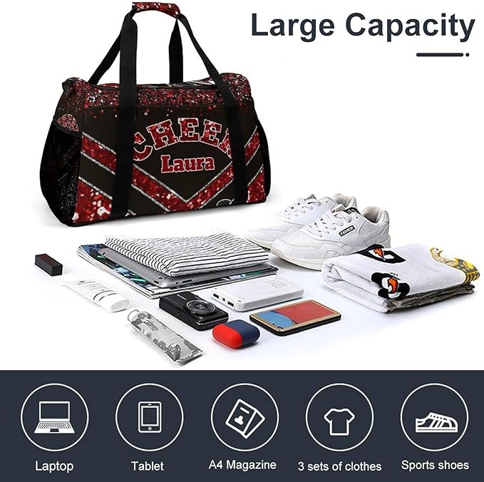Personalized Cheer Bag Gifts for Girls Sport Cheerleading Gym Travel Duffel Bag Overnight Weekender Bags with Name (Red)