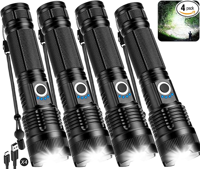 Flashlights Rechargeable LED High Lumens - 4 Pack 90,000LM Super Bright Flashlight, Adjustable Powerful Flash Light with 5 Modes, Waterproof Handheld Flashlight for Home, Camping
