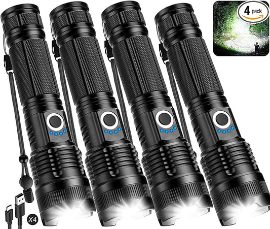 Flashlights Rechargeable LED High Lumens - 4 Pack 90,000LM Super Bright Flashlight, Adjustable Powerful Flash Light with 5 Modes, Waterproof Handheld Flashlight for Home, Camping