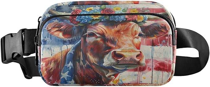 American Flag Cow with Floral Crown Fanny Pack for Women Men Water Resistant Fashion Waist Packs with Adjustable Strap Belt Bag for Travel Workout Jogging Hiking 21220212
