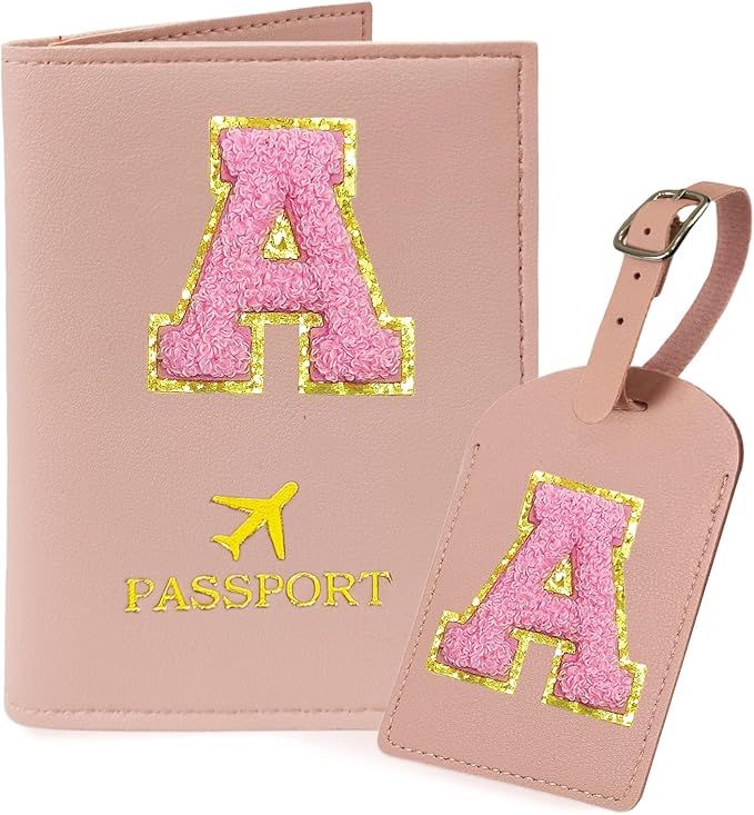 COSHAYSOO Initial Passport Cover Luggage Tag Set Letter Passport Holder Airplane Cruise Travel Essentials Vacation Traveling Accessories Personalized Gifts for Women Teen College Girls Pink A