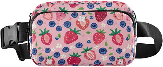 Pink Strawberry Blueberry Fanny Pack for Women Men Water Resistant Fashion Waist Packs with Adjustable Strap Belt Bag for Travel Workout Jogging Hiking 21219428
