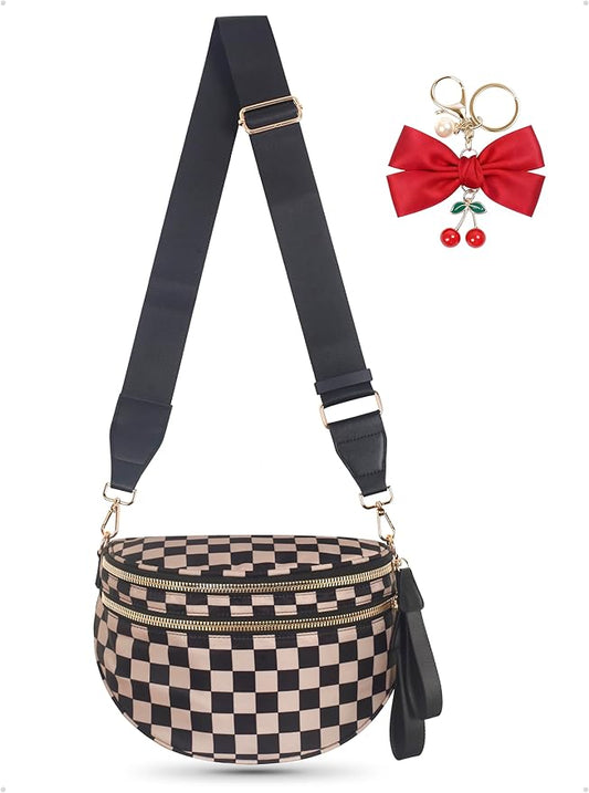 Checkered Crossbodys Bag Bum Bag for Women, Spacious Sling & Stylish Bum Bag for Travel, Concerts, Festival, Nylon Fanny Pack Belt Bag