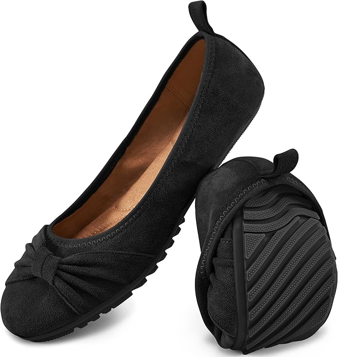 Ecetana Womens Flats Shoes Dressy: Round Toe Bowknot Suede Foldable Ballet Flats Comfortable Casual Slip On Loafers