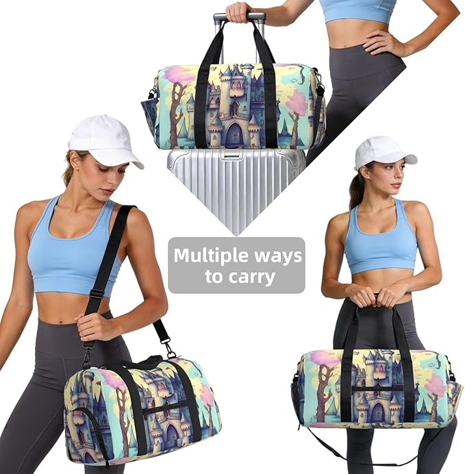 Fairytale Castle Print Gym Bag with Shoe Compartment for Women Men, 17.7in Sports Duffle Weekender Tote, Overnight Travel Duffel Bag Carry On