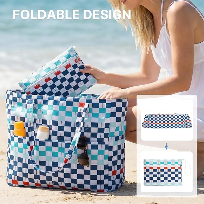 G4Free XL Beach Bag Waterproof Sandproof, Large Foldable Beach Tote with Zipper for Women, Pool Travel Swim Grocery Tote Bag