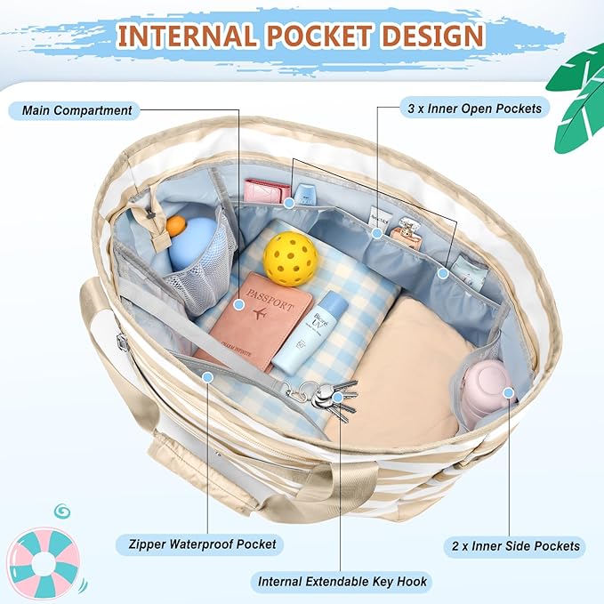 Extra Large Beach Bags for Women, Waterproof Sandproof Beach Tote Bag Foldable Swim Pool Bag with Zipper and Wet Pocket