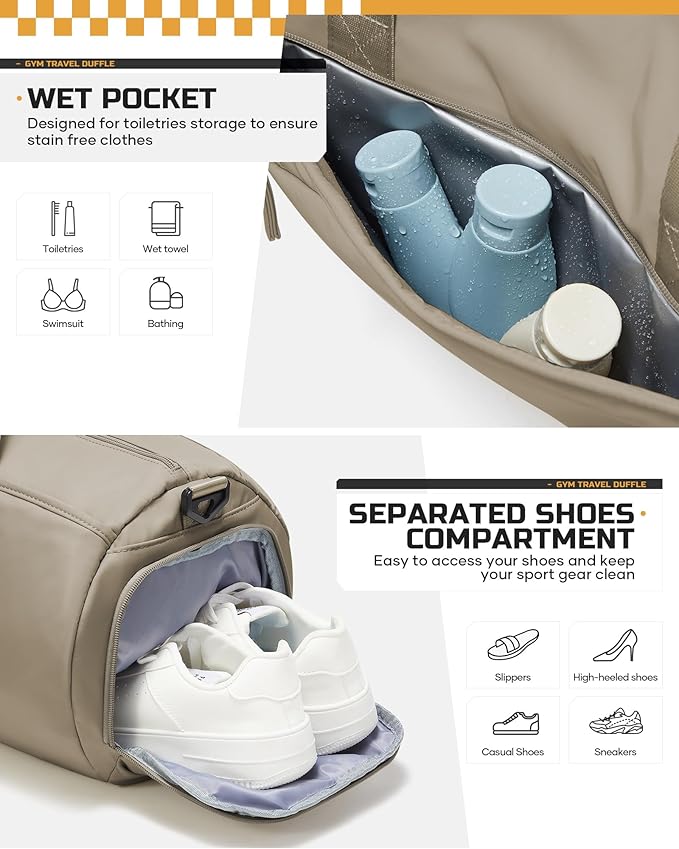 Gym Bag for Women And Mens with Shoe Compartment, Large Duffle Bag with Wet Pocket Carry-on Gym Duffle Bag for Travel and Sports Weekender Overnight Workout Bag Brown