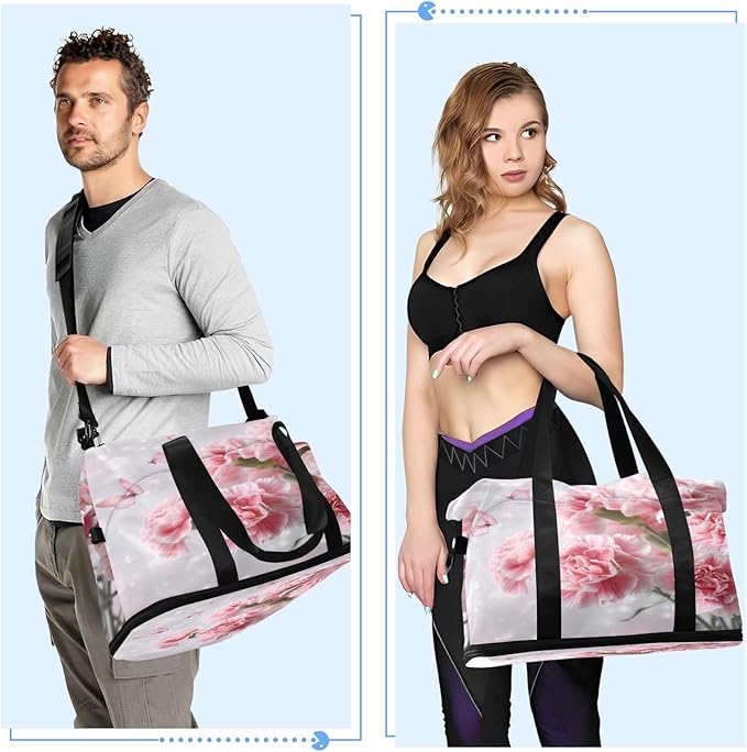 Travel Duffel Bags for Women Watercolor Pink Carnations with Butterflies Sports Duffel Bags Gym Bags with Shoes Compartment Tote Bag Weekender Bag for Travelling