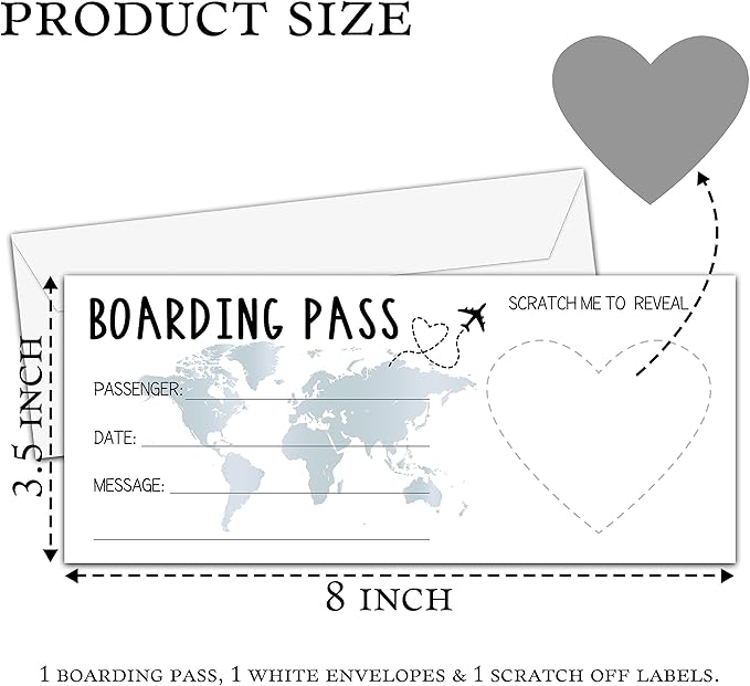 AWSICE Scratch Surprise Boarding Pass, 1 Set Make Your Own DIY Travel Ticket, Surprise Reveal Card for Holiday, Christmas, Wedding, Birthday, Anniversary, Party Supply(3.5"x8" Silver)-A005