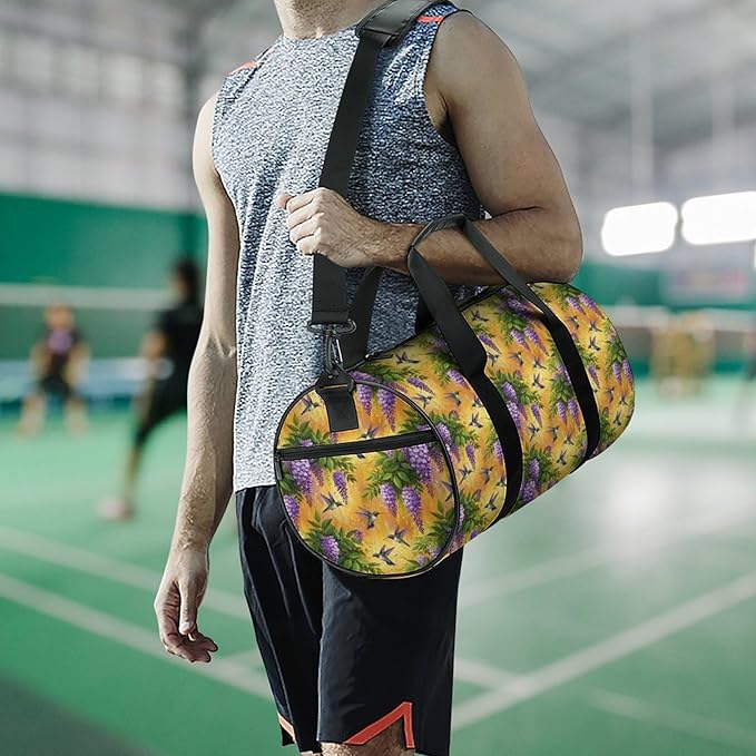 Lightweight Sports Travel Bag Purple Flowers And Hummingbird Beach Swim Bags Men Women Duffle Bag Foldable Overnight Bags