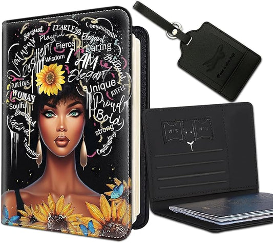 Passport Holder Women Wallet with Luggage Tag, Leather Passport Cover with RFID Blocking, Travel Accessories Multi Card Slot Passport Case for Men，I AM Courageous Black Girl