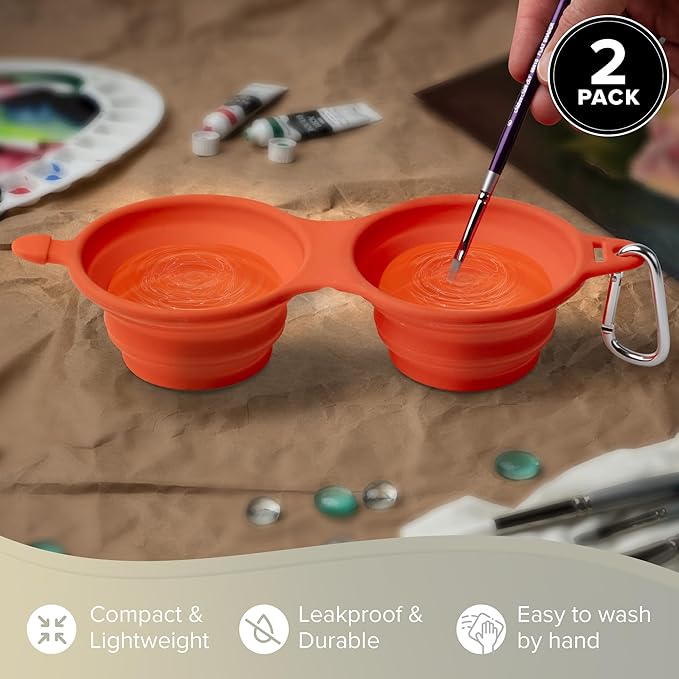 Silver Brush Limited 9055 Silver Essentials Double 230ml/7.8oz Collapsible Water Bowl with Closure, Leak-Proof Paint Brush Water Cup for Water Media, for Studio, Travel, and Plein Air, Orange, 2 Pack