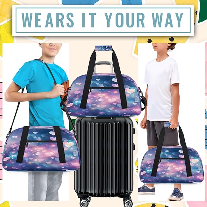 Pastel Heart Glitter Sports Duffel Bags, Water-Resistant Gym Duffle Bag for Men Women, Lightweight Weekender Overnight Bag for Fitness, Workout, Travel