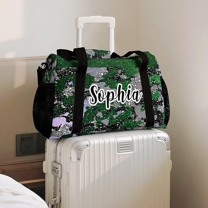 Custom Multifunctional Duffel Bag with Name Gym Bags Adjustable Shoulder Strap Travel Bag for Teens Green Black Camo Bling Print Casual Bag
