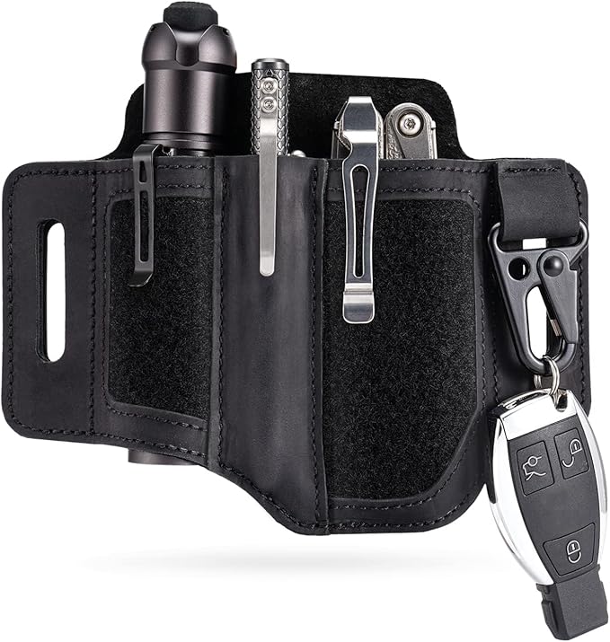 VIPERADE PL3 Multitool Sheath, Leather Sheath with DIY Patch Area, EDC Pocket Organizer for Men, Leatherman Sheath Flashlight Holder with Pen Holder, EDC Belt Organizer with Key Holder (A-Black)