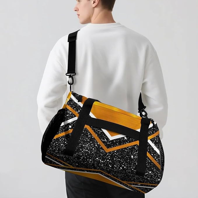 Custom Multifunctional Duffel Bag with Name Gym Bags Adjustable Shoulder Strap Travel Bag for Teens Cheerleadings Orange Black Glitter Print Casual Bag