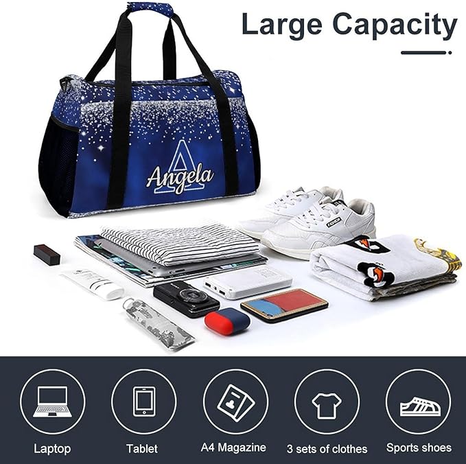 Navy Blue Bling Print Personalized Duffel Sports Bag with Name Custom Weekender Overnight Bag Gym Bag Travel Duffel Bag