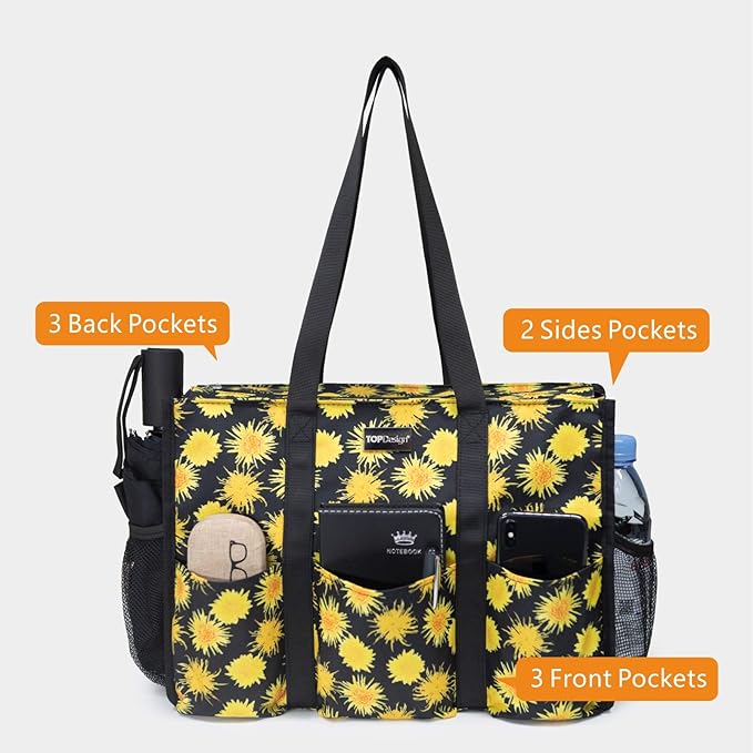TOPDesign Utility Water Resistant Tote Bag with 13 Pockets, Top Zipper Closure & Thick Bottom Support, for Working Women