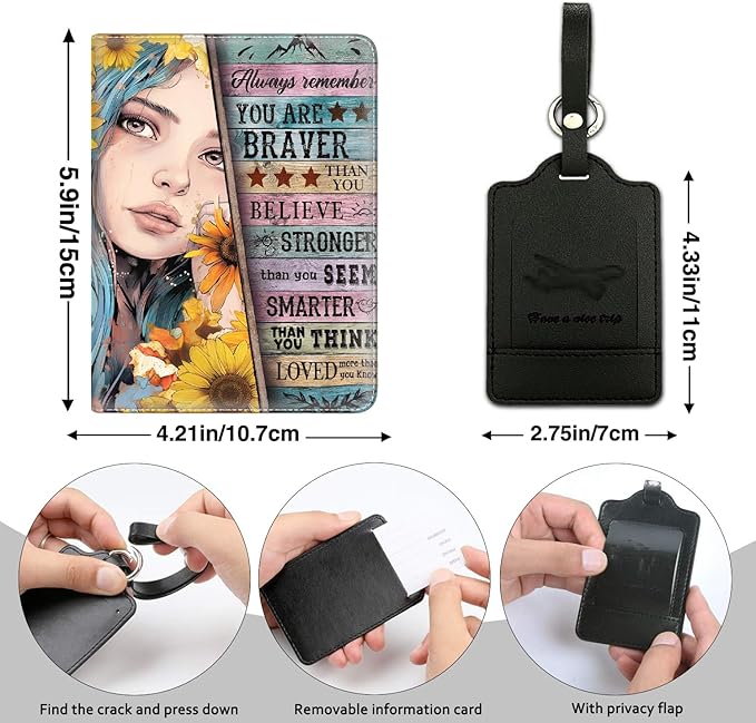 Passport Holder Women Wallet with Luggage Tag, Leather Passport Cover with RFID Blocking, Travel Accessories Multi Card Slot Passport Case for Men，Sunflower Girl Inspirational Quotes