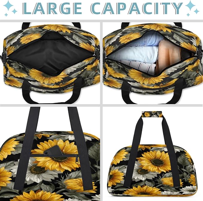 Kids Duffle Bag Girls Boys Yellow Gray Sunflowers Art Weekender Overnight Bag,Lightweight Duffel Bags for Traveling Gym Sport Dance