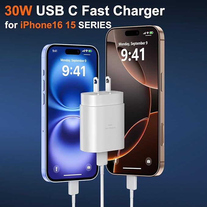 iPhone 16 15 17 Pro Max Charger 30W Type C Chargers USB C Fast Charger Block iPhone 16 Chargers Fast Charging with 8FT C Charging Cable for iPhone 17/17 Pro Max/16/16 Pro Max/15/15 Pro/iPad/Samsung
