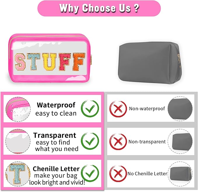 Chenille Letter Clear Makeup Bags Stuff Pouch, Preppy Patch Makeup Bag with Zipper, Transparent PVC & Nylon Waterproof Portable Glitter Cosmetic Bag Travel Toiletry Storage for Women Girl(STUFF-Rose)