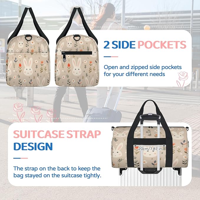 Bunny Gym Bag for Women 17 inch Waterproof Carry On Overnight Weekender Bag Sports Duffel Tote Bags for Travel Workout