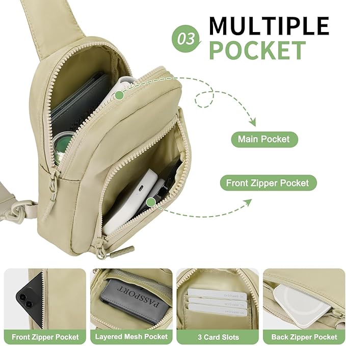 Mini Sling Bag for Men Women, Small Travel Fanny Packs Crossbody Anti Theft Reversible Nylon Chest Bag for Running Hiking (Khaki)