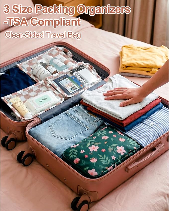 babygoal Clear Travel Organizer Bags 3 Pack, TSA Approved Mess-Proof Pouches with Snap Handle, Water-Resistant Toiletry Essentials for Baby & Mom (Light Pink Plaid)