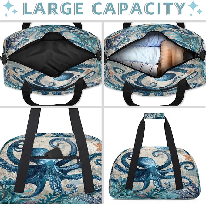Travel Duffle Bag for travel duffle bag sports Girls Boys Kids Octopus Sea Retro Lightweight Overnight Sleepover Weekender Bags Small Dance Gym Sport Bag Teens Carry-On Size Workout Bag