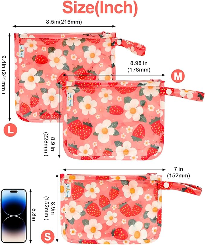babygoal Clear Travel Organizer Bags 3 Pack, TSA Approved Mess-Proof Pouches with Snap Handle, Water-Resistant Toiletry Essentials for Baby & Mom (Strawberry)