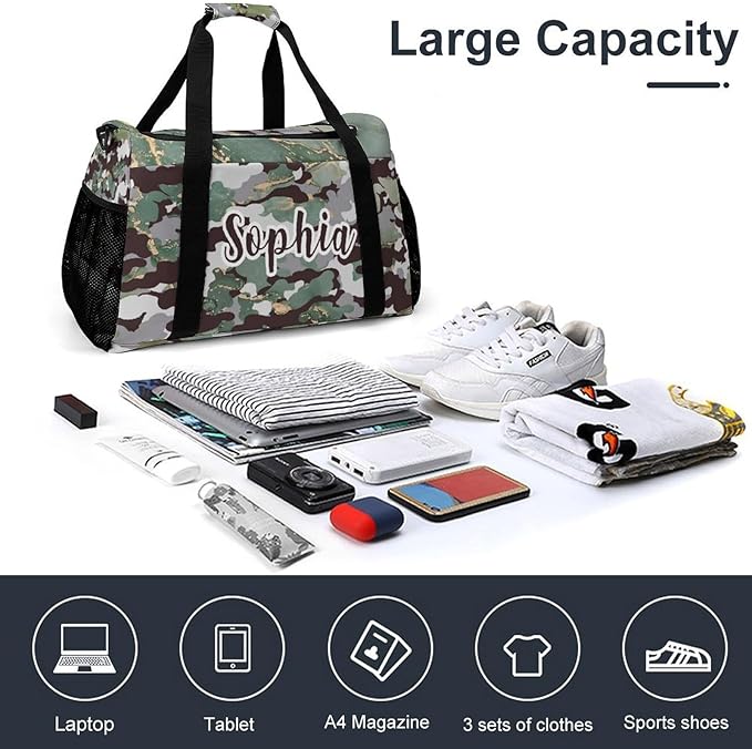 Personalized Green Camouflage Camo Pattern Duffle Bag with Name for Women Man Custom Multifunctional Travel Perform Training Bag Luggage Bag