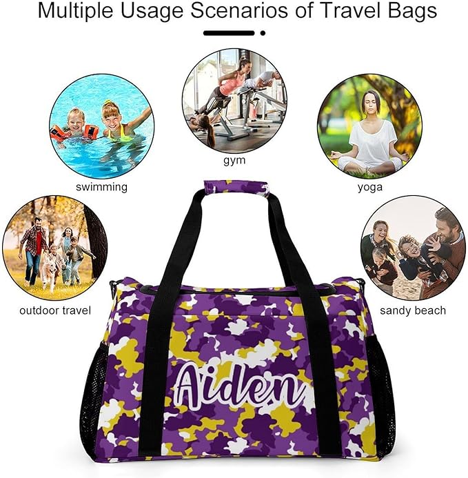 Purple Gold Camouflage Camo Pattern Crossbody Bag Customized Duffel Bags (Store Shoes) Weekender Overnight Bag Travel Bag Personalized Gift Gym Bags
