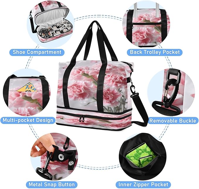 Travel Duffel Bags for Women Watercolor Pink Carnations with Butterflies Sports Duffel Bags Gym Bags with Shoes Compartment Tote Bag Weekender Bag for Travelling